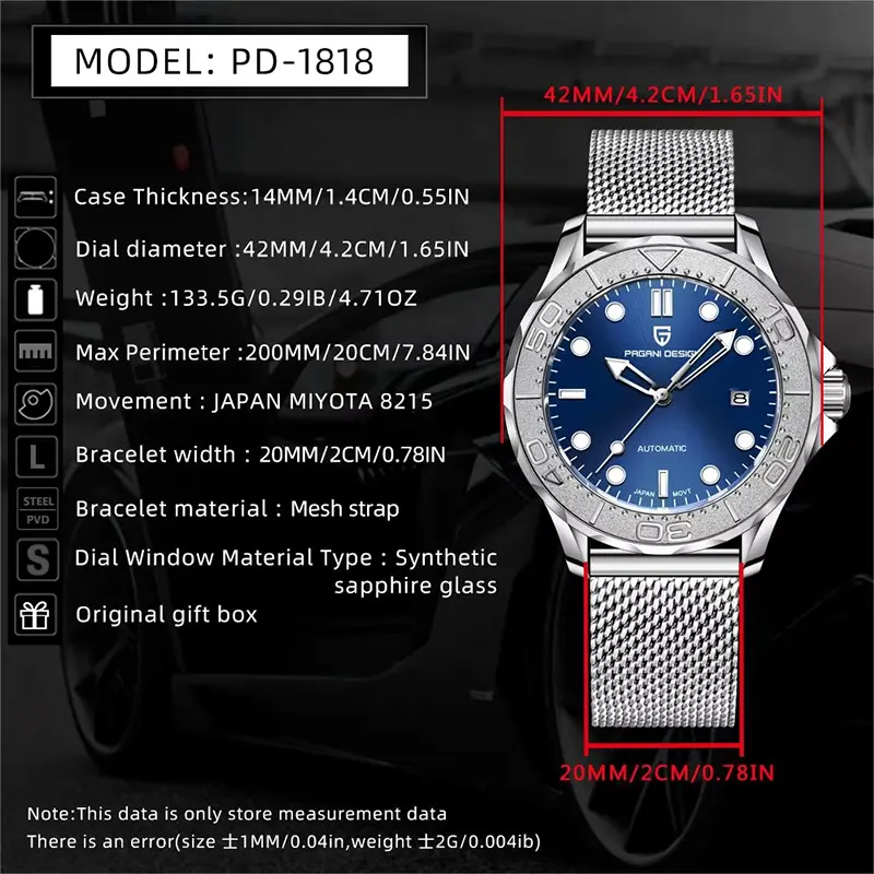 Pagani Design Automatic Mesh Strap Men's Watch- PD-1818